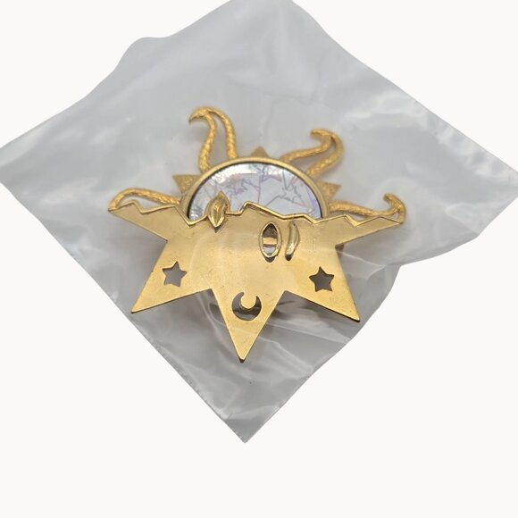 Gold-Toned Unique Sun/Moon Shiny Figural Statement Fashion Jewelry Brooch - Picture 2 of 9